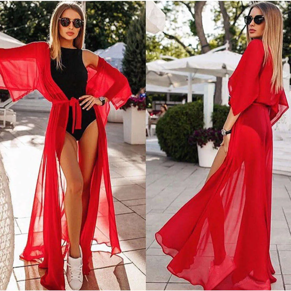 「スタイリッシュで魅惑的：女性の赤いシフォンビーチウェア - セクシーなビーチロングドレス、理想的なビキニカバーアップ、見事な夏の外観のための水着チュニック！」