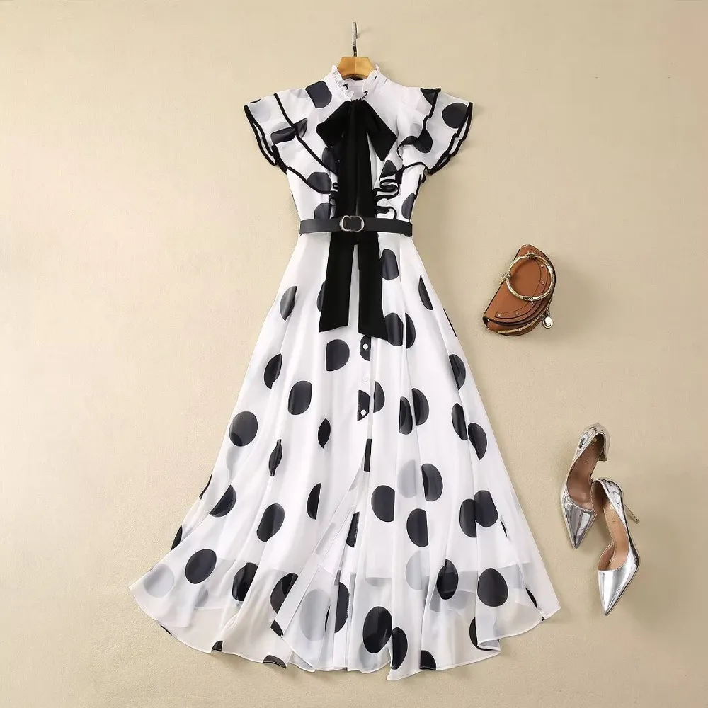 2024 Spring Polka Dot Ribbon Tie Belt Belted Dress White Sleeveless Stand Collar Long Maxi Casual Dresses A3J101745