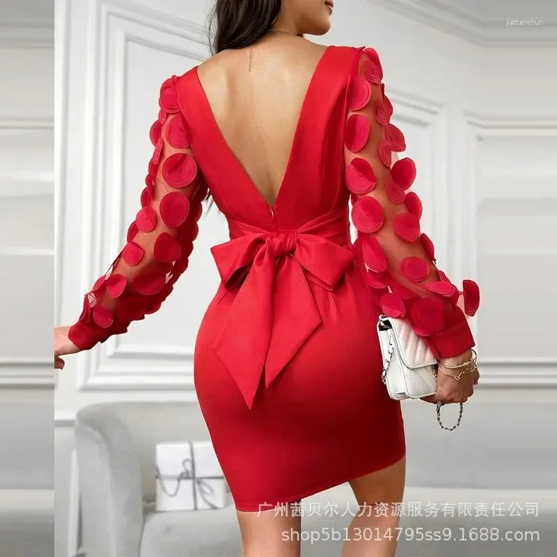 Casual Dresses Floral Pattern Sheer Mesh Patch Backless Bodycon Dress Elegant Spring Autumn Long Lantern Sleeve Corset Bow Party Evening Evening