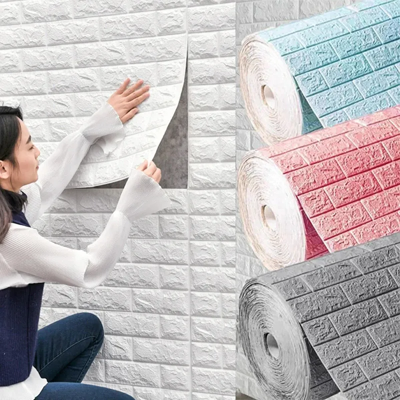 Autocollants muraux 3D en fausse brique, 7770cm, 10 pièces, papier peint auto-adhésif imperméable pour décoration de chambre à coucher et de salon, 240112