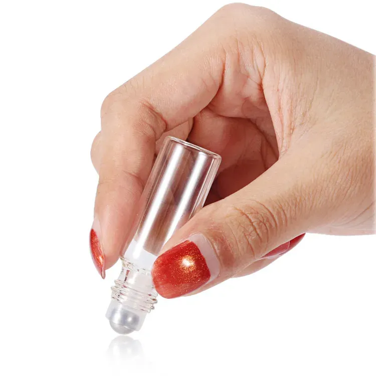 Portable 5ml1/6 oz MINI ROLL ON bottle fragrance PERFUME GLASS BOTTLES ESSENTIAL OIL Steel Metal Roller ballClear