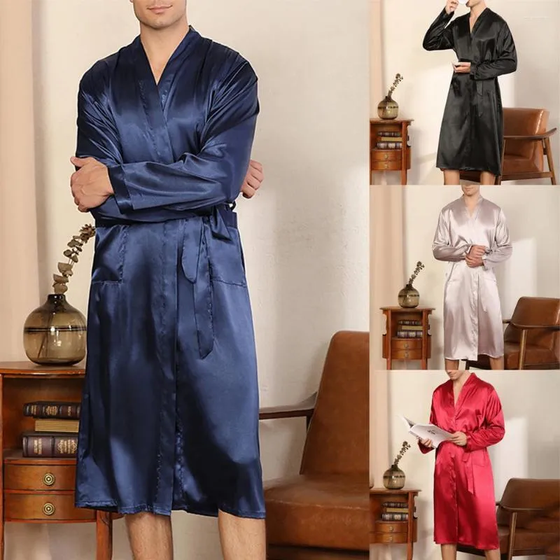 Kvinnors sömnkläder Mens Long Emulation Silk Pyjamas Kimono Bathrobe Robe Dressing Gown Loungewear Solid Color bekväm mjuk