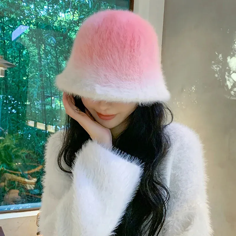 Cappello da pescatore in pelliccia di coniglio imitazione colore sfumato stile giapponese Cappello da pescatore in lana soffice invernale da donna 240111
