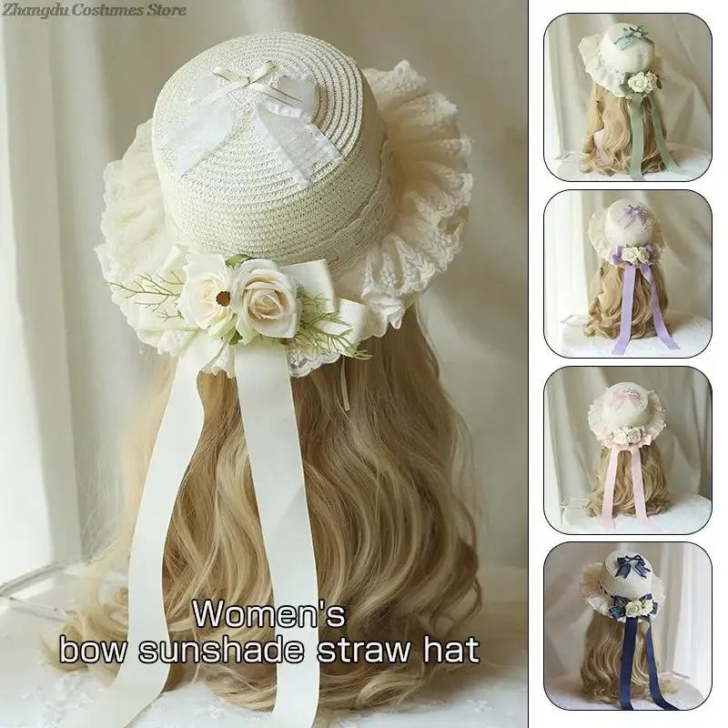 Chapeau de paille pastorale élégant pour femmes, princesse Mori Girl Lolita, nœud papillon, garniture en dentelle florale, couvre-chef de fête de thé d'été français 240111