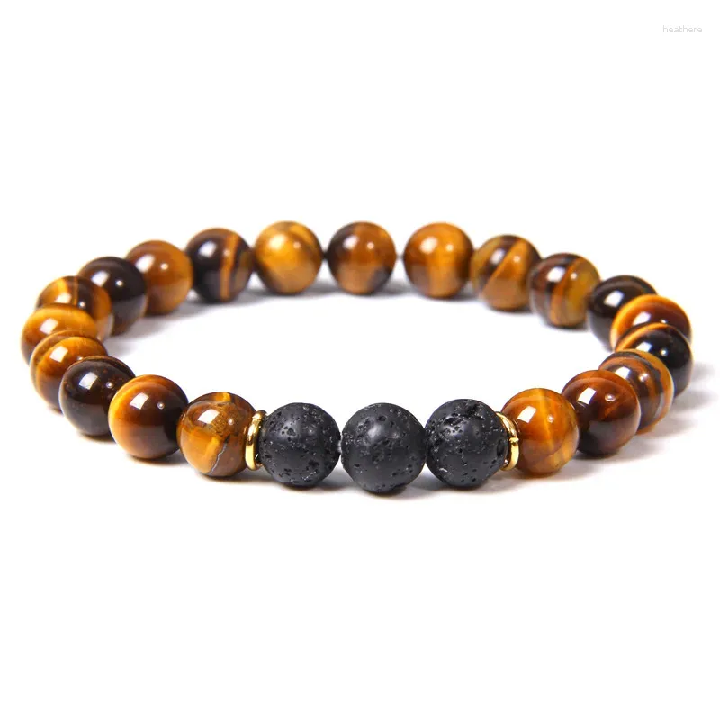 Braccialetti con occhio di tigre giallo naturale minimalista minimalista Bracciale con perline in pietra lavica nera con gioielli elastici casual Homme da 8 mm