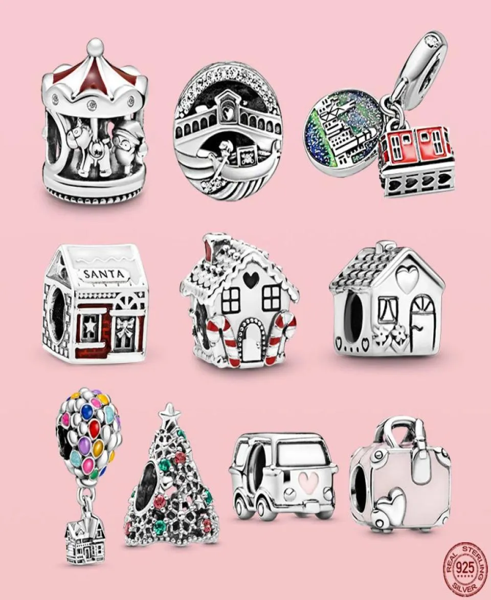 925 Silver Fit Charm 925 Bracelet Sparkling House Suitcase Car Home charms set Pendant DIY Fine Beads Jewelry4370043