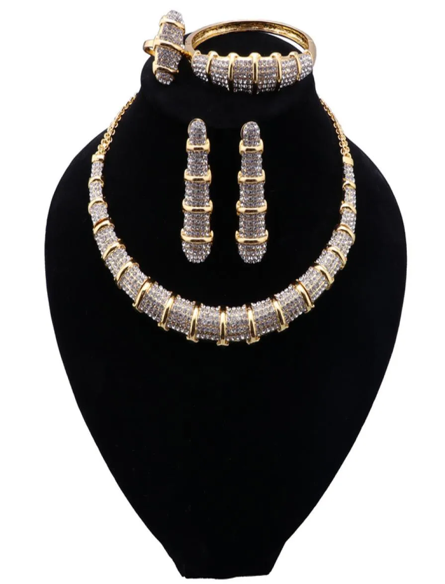 African Wedding Bridal Jewelry Luxury Dubai Gold Color Jewellry Sets for Women Necklace Bracelet Ring Earrings Set4875539