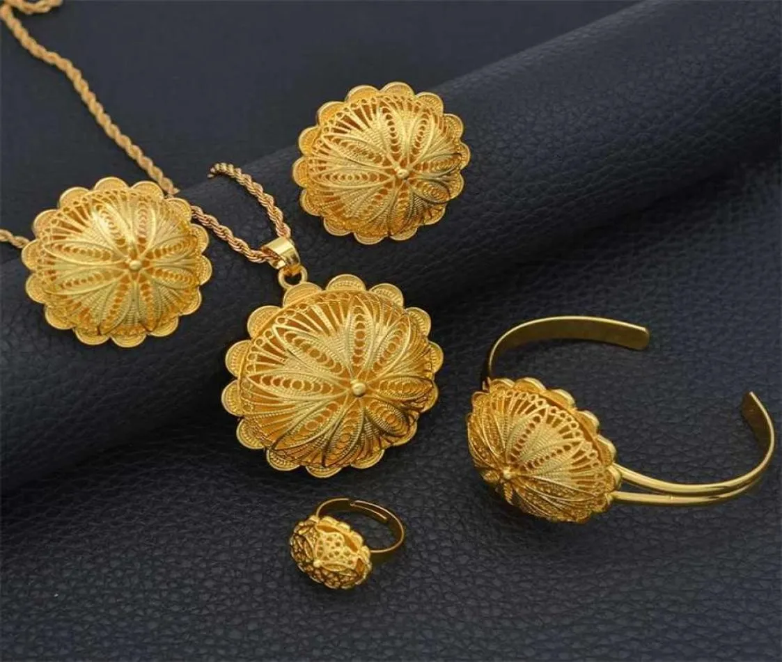 Anniyo Set di gioielli etiopi Collane con ciondolo Orecchini Anello Braccialetti per donna Colore oro Regali per la sposa africana eritrea 207506 26548934