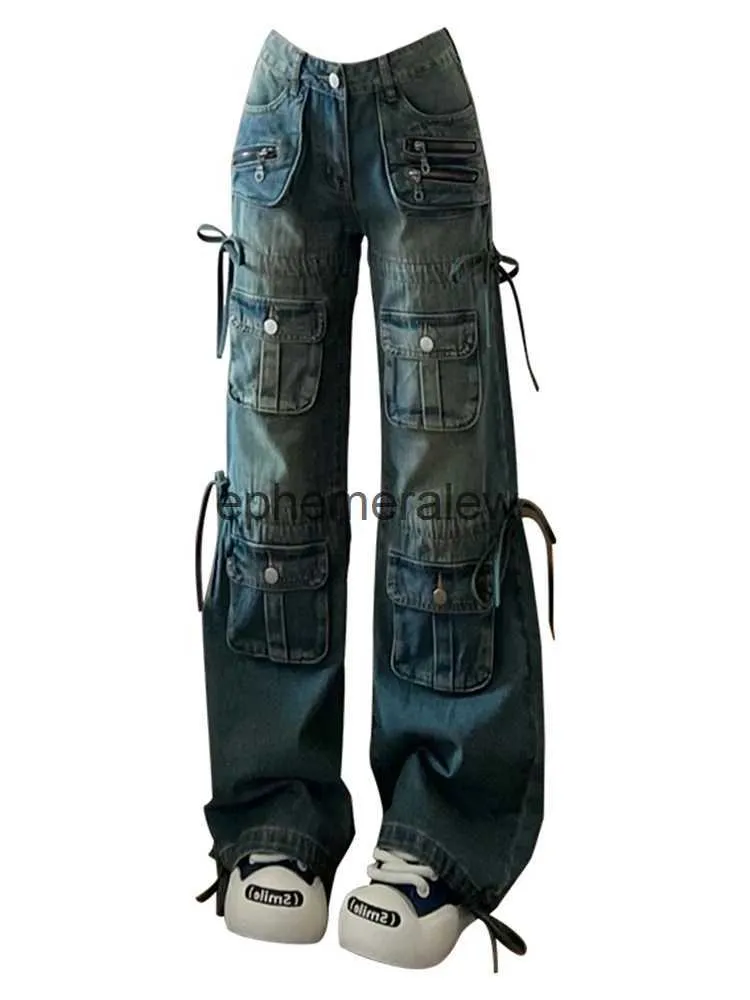 Kvinnors jeans byxor capris kvinnor bf stil y2k streetwear harajuku baggy multi-pocket blå denim last låg midja bred ben 2000s estetik kpop