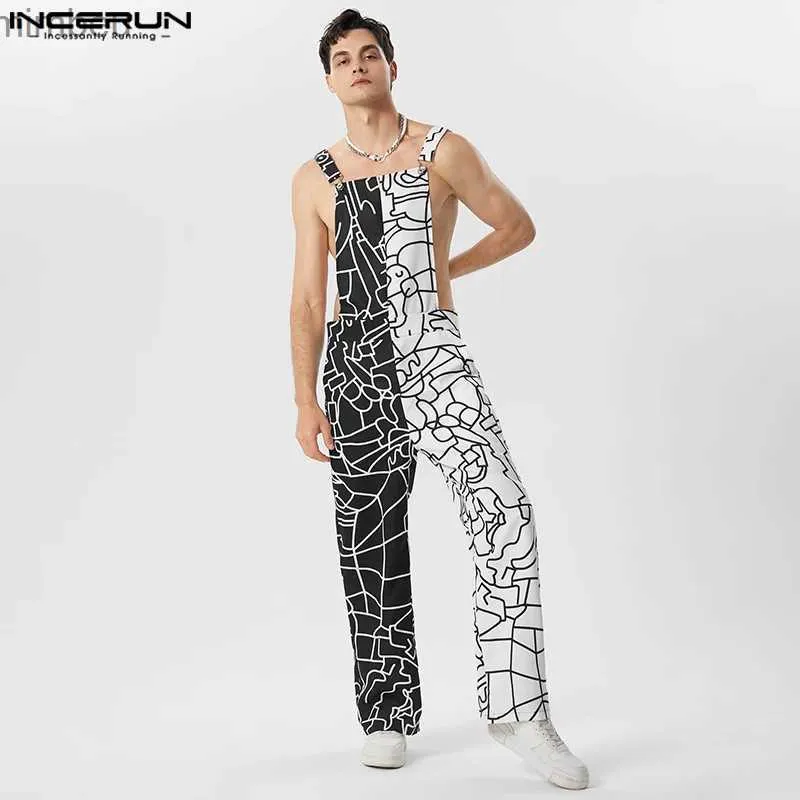 Męskie dżinsy 2023 Mężczyźni Jumpsuits Drukuj patchwork rękawowy streetwear Summer Superends Rompers Fashion Męskie paski kombinezon S-5xll240111