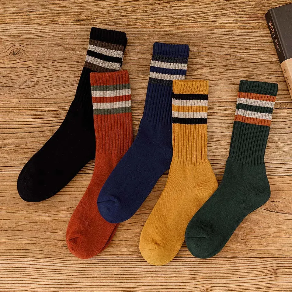 Kış Erkek% 100 Pamuk Tüp Çorapları Harajuku Retro Kalın Sıcak Çizgili Artı Boyut Uzun Terry 5 Çifti 240112