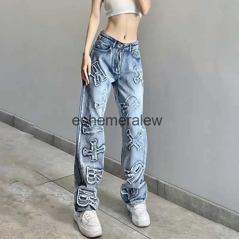 Calças de brim femininas capris carta bordada em linha reta para mulheres carga y2k streetwear baggy perna larga calças punk cintura alta vintage denim