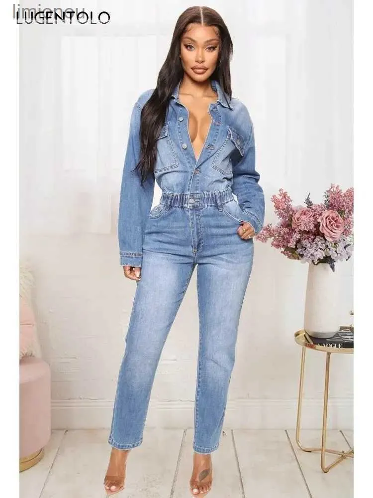 Kvinnors jumpsuits Rompers Stretch Denim Jumpsuit Kvinnor Single-Breasted Washed Lapels Elastic High midja Skinny Long Sleeve Casual New Pencil Streetwearl240111