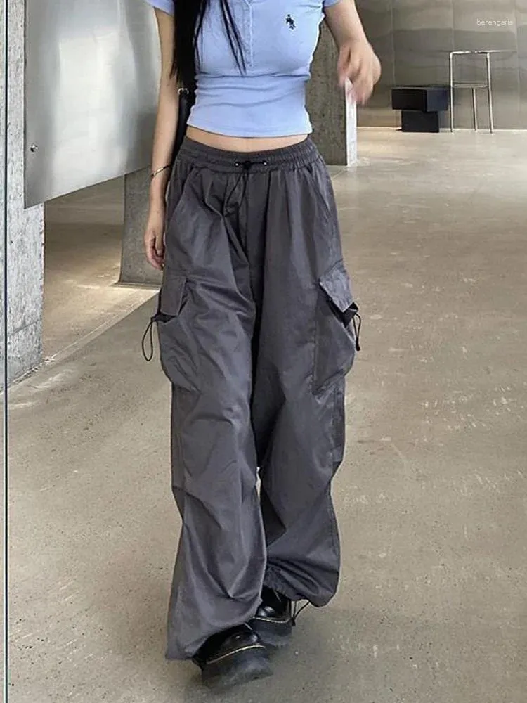 Calças femininas 2024 streetwear hip hop carga mulheres moda bolsos oversize calças soltas verão bf coreano cintura alta perna larga