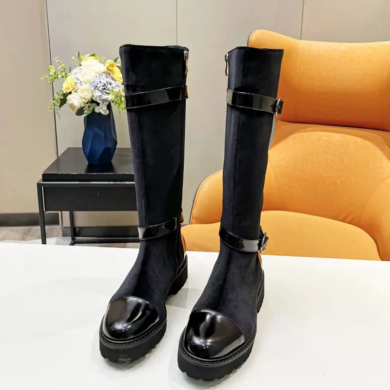 Designer mulheres botas sapatos fivela de couro genuíno emendado veado antler pele meados de salto joelho botas deslizamento-em botas longas feminino outono inverno preto qualidade superior