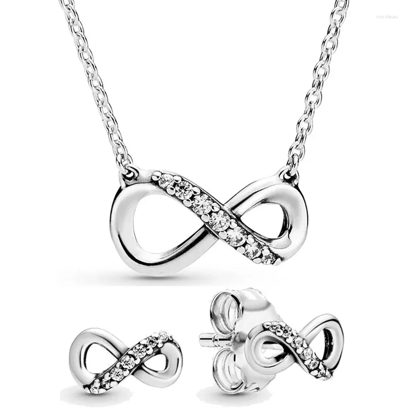 Anéis de cluster Original 925 Sterling Silver Sparkling Infinity Colar Brinco com Cristal para Mulheres Europa DIY Presente Jóias Conjunto