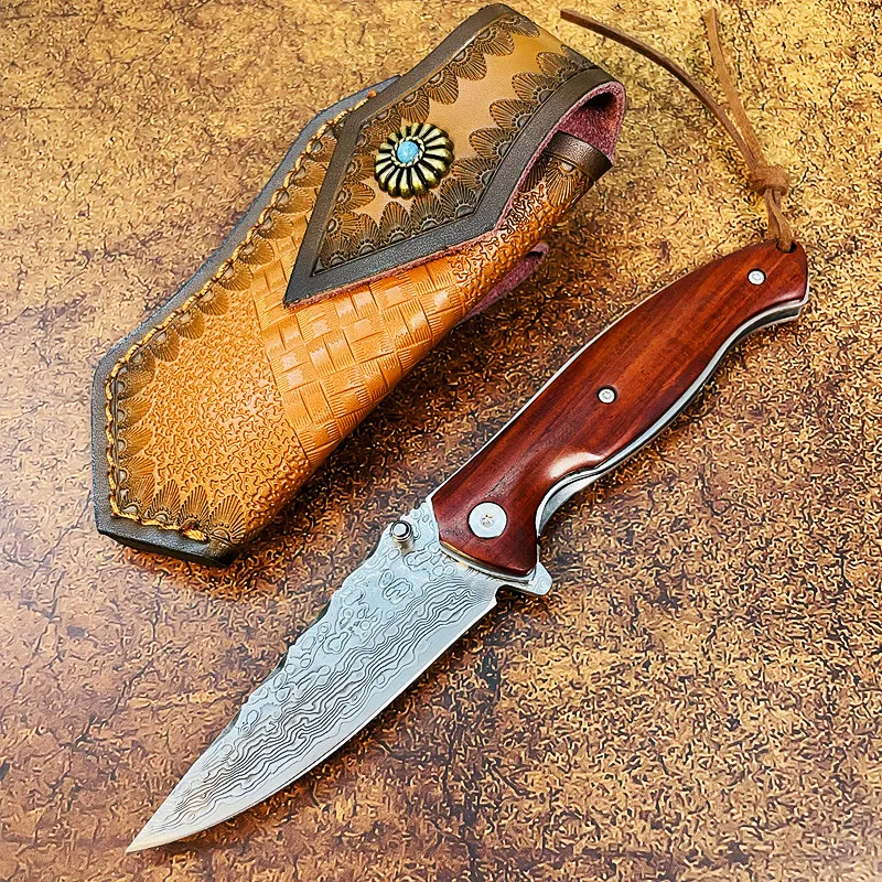 S7213 Flipper Zakmes Damascus Staal Recht Puntmes Palissander Handvat Buiten Kamperen Wandelen Vissen EDC Zakmessen Lederen schede MY