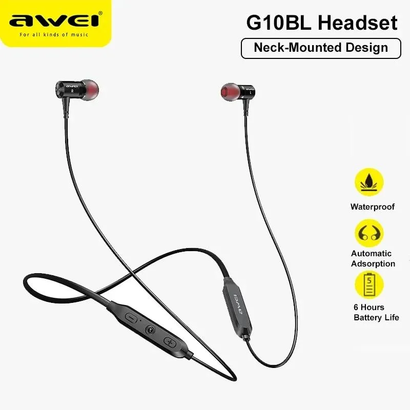 Headphones Awei G10BL Wireless Bluetooth Earphone Magnetic Neckband Earbuds With Mic Dual Driver Noise Cancel IPX5 Waterproof Sport Headset