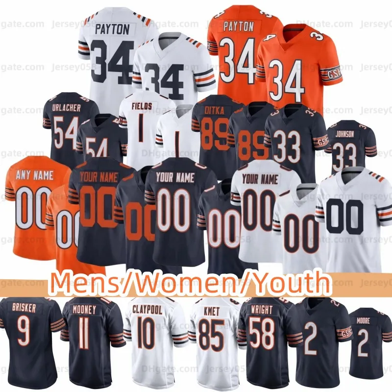 DJ Moore Justin Fields Football Jersey Custom Darnell Wright Walter Payton Jaquan Brisker Darnell Mooney Cole Kmet Brian Urlacher Robert Tonyan Roschon Wholesale