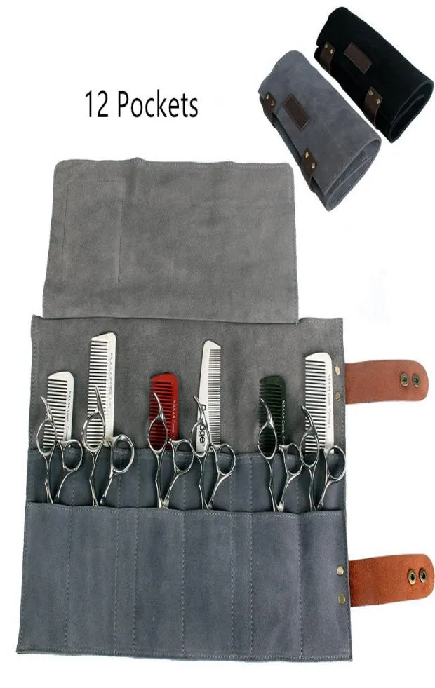 Véritable cuir coiffeur professionnel barbier ciseaux pochette cas Salon de coiffure ciseaux outil étui pliant sac 12 poches 5081004