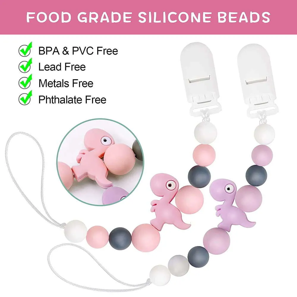 Pacifiers Clips Holder 2 Pack Pacifier Caseシリコンビーズランヤードの歯が生えているリリーフレリーフおもちゃの男の子の女の子新生児（ピンクの恐竜）