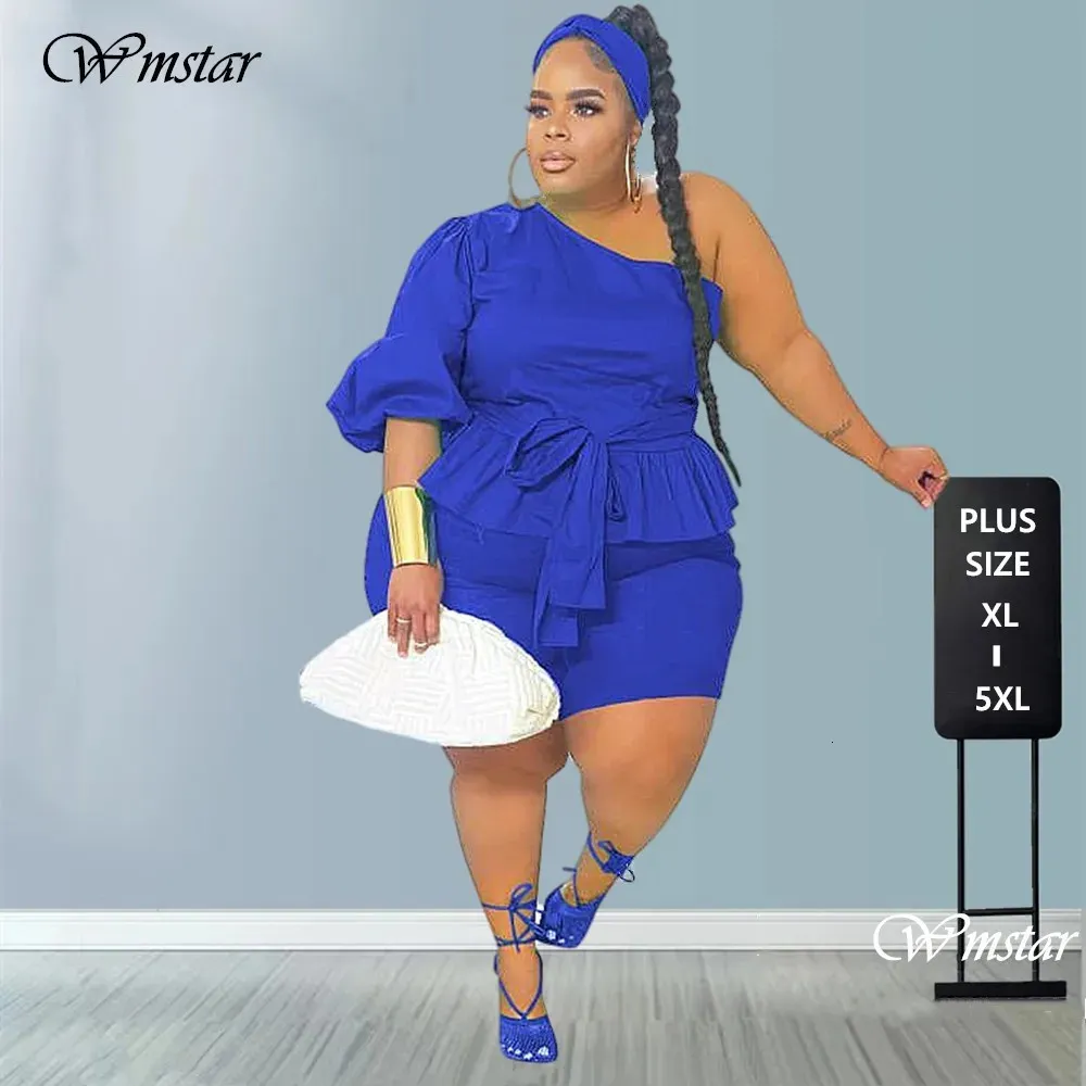 Wmstar Plus Size Sexy Shorts Sets Two Piece Outfits Bandage One Shoulder Ruffled Top Solid Matching Suit Wholesale Drop 240111