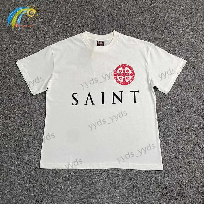 Herr t-shirts 24SS Classic Letter Cross Circle Print Saint Michael T-shirt Men Women 1 1 Taggar Överdimensionerad vit T-shirt tee topp T240112