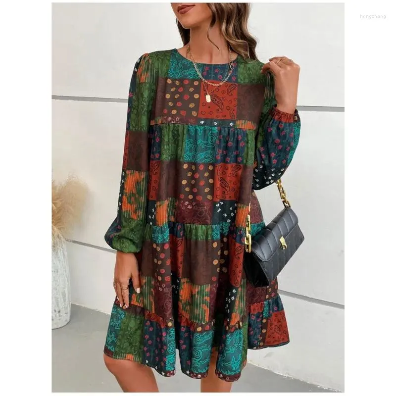Ethnic Clothing Printed African Dresses For Women Autumn Dashiki Round Neck Fashionable Long Sleeve Loose Short Dress Ladies Traditional