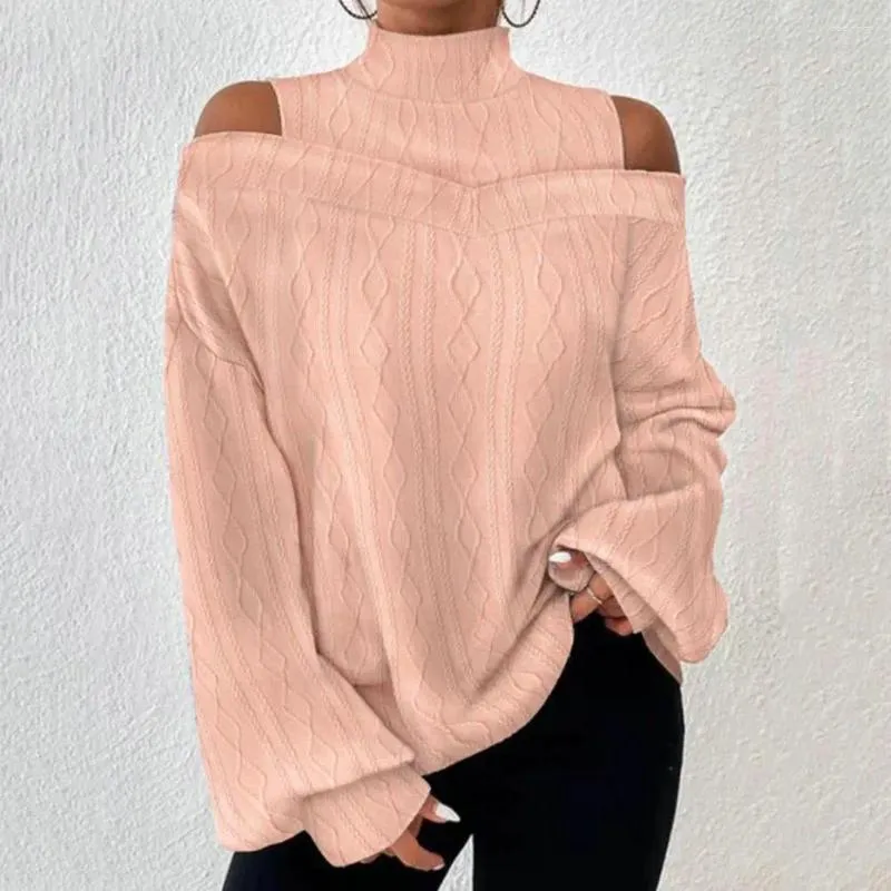 Women's Blouses Women Autumn Spring Top Hollow Out Off Shoulder Half-high Collar Loose Pullover Solid Color Long Sleeve Soft Casual Blouse