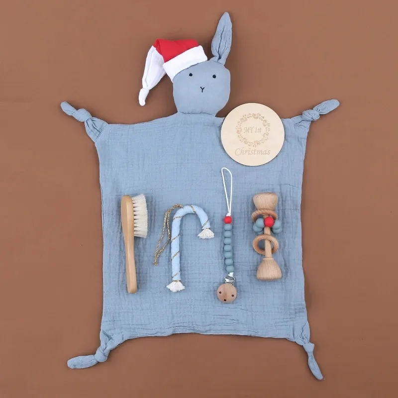 6 Stuks Bunny Katoen Kalmeren Sussen Handdoek Haarborstel Gift Houten Speelgoed Siliconen Fopspeen Clips Keten Kerstdoos 240111