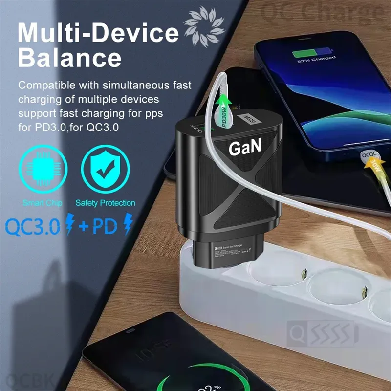 65W GaN Fast Charge Adapter for Laptop Air Pro Type C PD Quick  for iPhone 14 13  Xiaomi USB GaN Chargers universal travel adapter US EU UK AU Plug with box