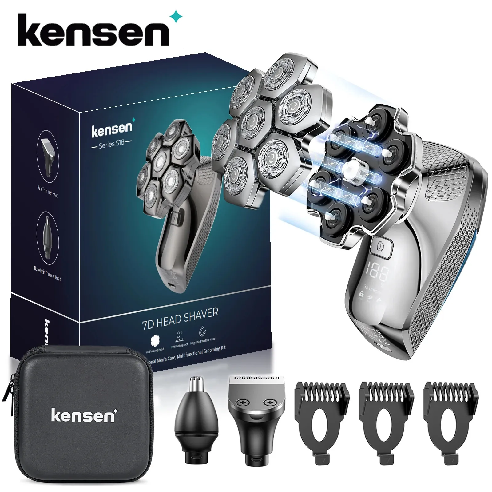 Kensen S18 Electric Head Shaver for Men Rechargeable 7D Floating Cutter Magnetic 5 in 1 Shaver Hair Trimmer Clipper Head Razors 240111