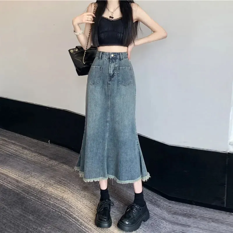 Women Denim Long Skirts Summer Vintage Skirt Side Split Korean Blue Jean 240112