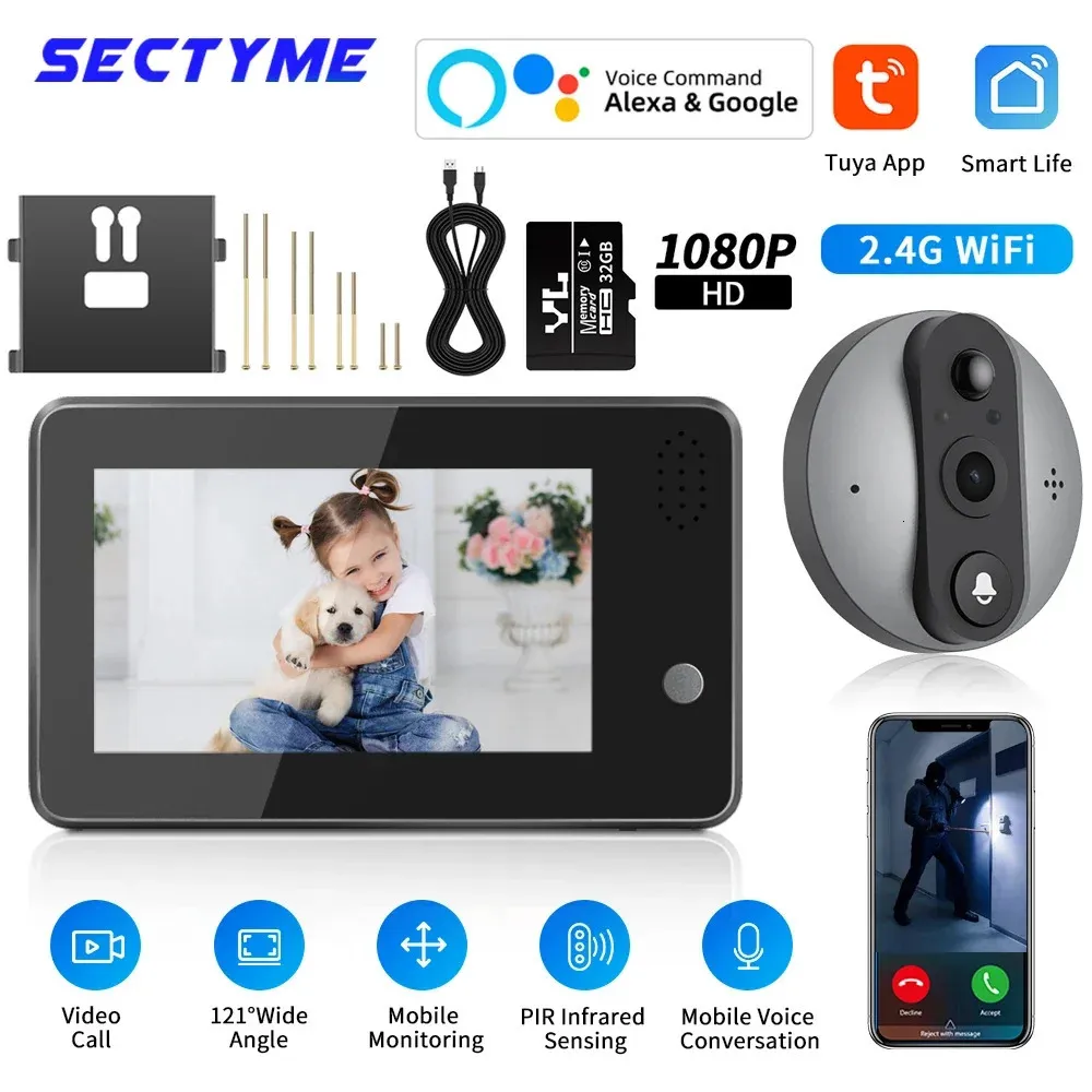 Sectyme 43インチTuya 1080p Wifiスマートドアベルアイの覗き穴カメラトワウイオーディオナイトビジョン屋外モニター240111