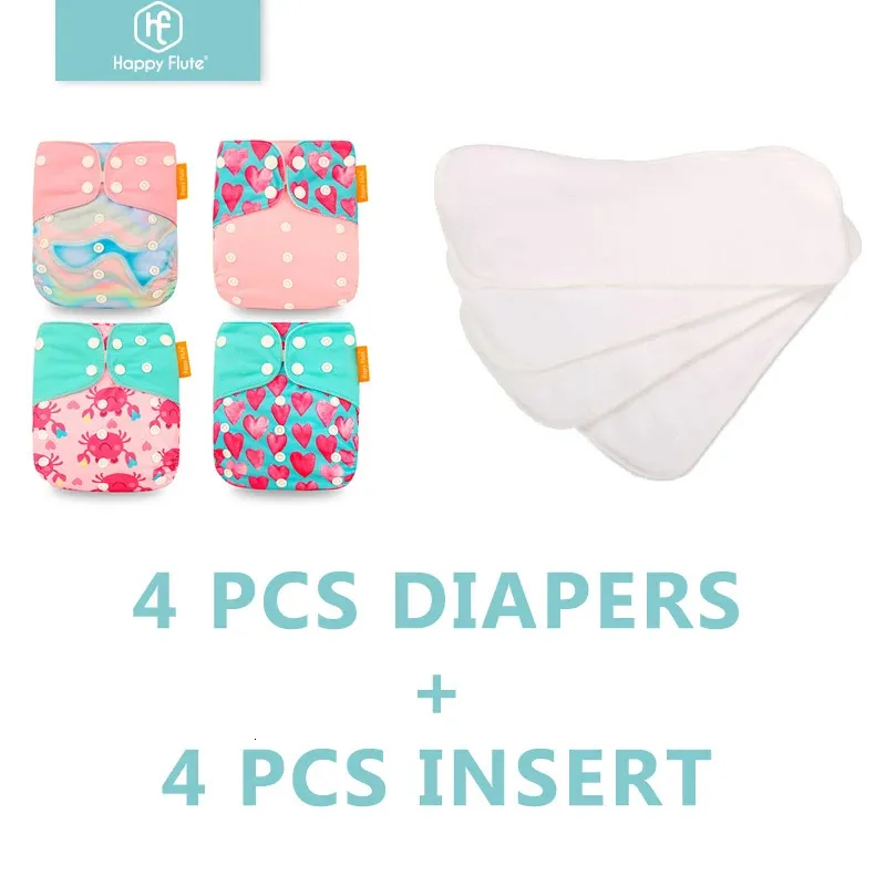 Happyflute 4Pcs Pocket Diapers4 Pcs Microfiber Insert Reusable Washable Ecological Cloth Diaper Fit 315kg Baby 240111