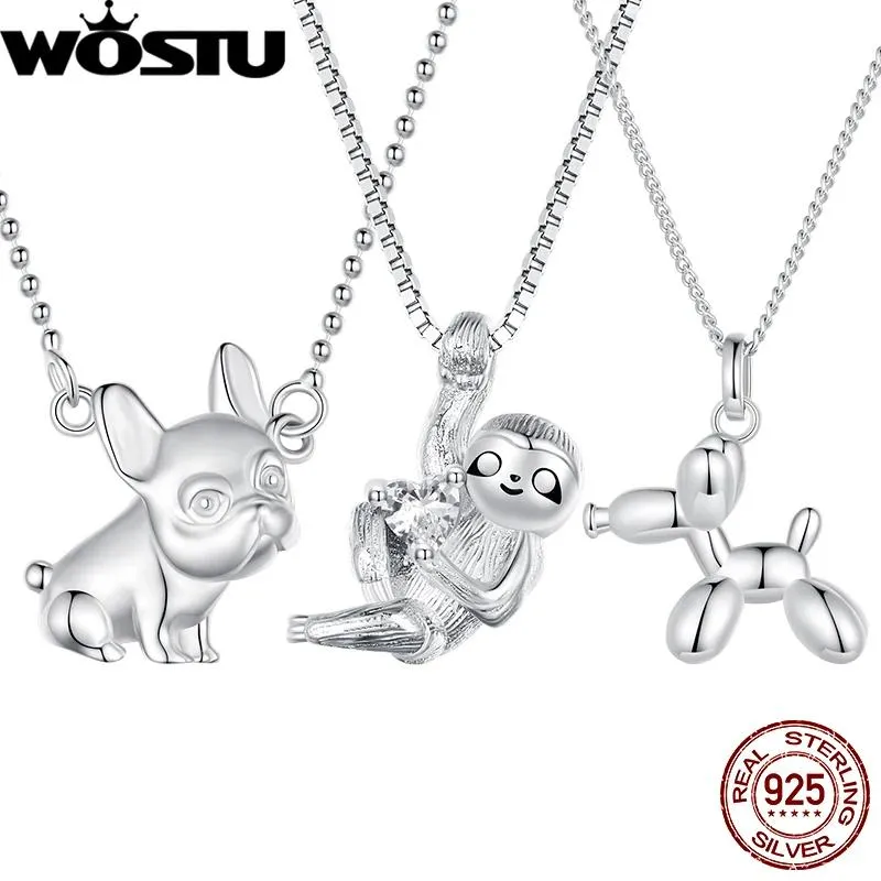 قلادة Wostu 925 Sterling Silver Sloth Bulldog Bulldog Balloon Necklace Platinum Platinum for Women Cute Party Daily Fine Jewelry Gift