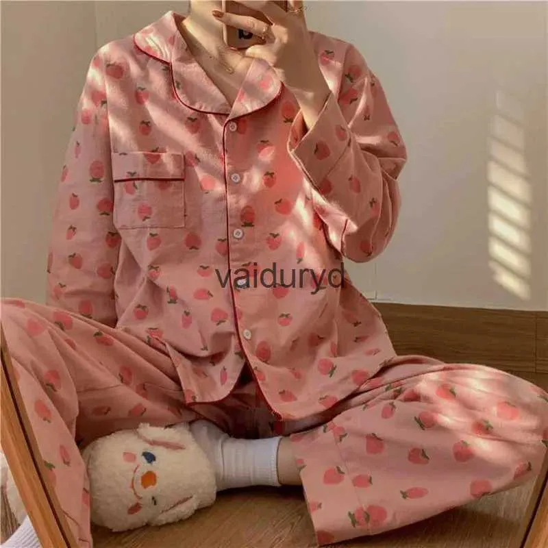 Домашняя одежда Клубничный женский пижамный комплект для дома, карманная пижама, брюки с длинными рукавами, костюм из 2 предметов, осенняя пуговица, корейский стиль, ночная одежда