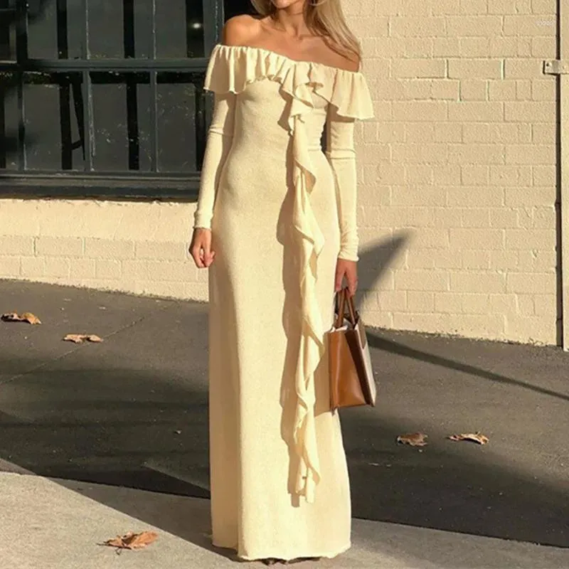 Casual Dresses OMSJ Dress for Women 2024 Off Shoulder Slash Neck Long Sleeve Bohemain Autumn Yellow Ruffle Elegant Maxi Slit Beachwear