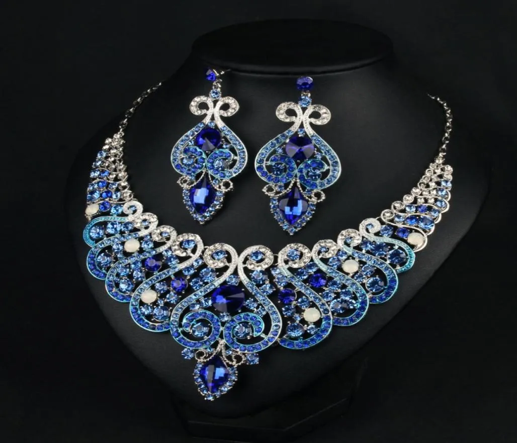 Bijoux de mariage bleu Royal goutte d'eau cristal clavicule chaîne collier ensemble bijoux de mariée perles de luxe Bracelets collier Eari6244916