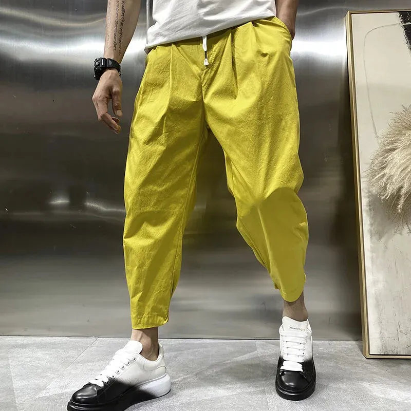 Amarelo casual harlan calças masculinas coreia moda streetwear harajuku calças soltas sólido selvagem sweatpants calças de jogging preto 240112