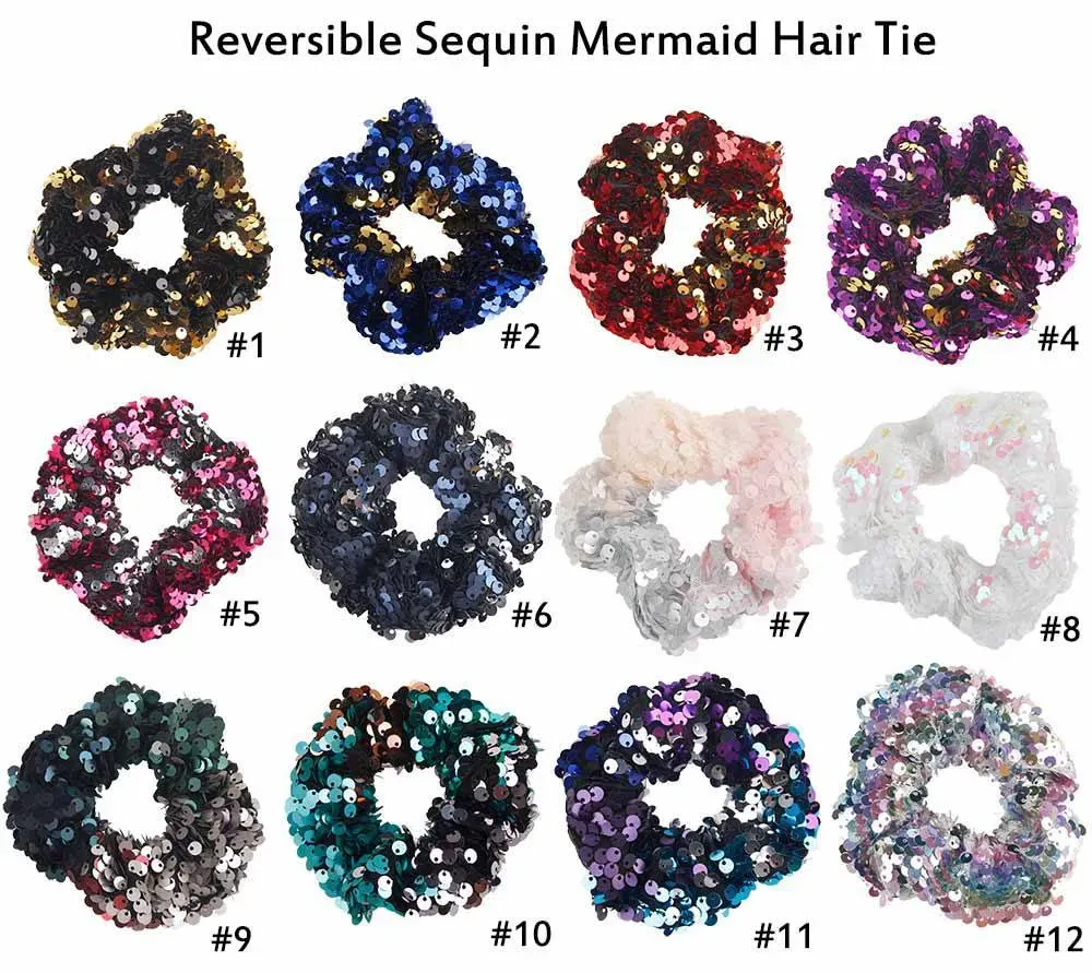 Women Girls reversible Shiny Sequin Scrunchies Glitter Hair Ties Ponytail Holders Rope Dance scrunchy Elastic Hair Bands Accessories FJ3354