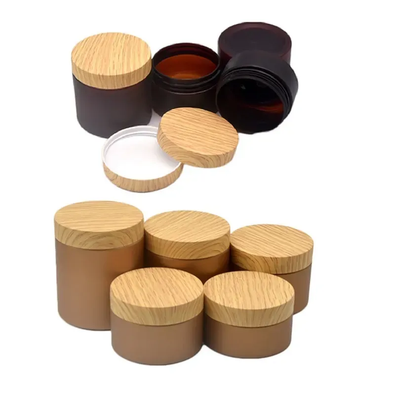 Crèmefles Gouden en matte bruine pot Plastic houten deksel 100g 120g 150g 200g 250g Draagbare hervulbare cosmetische verpakkingscontainer LL