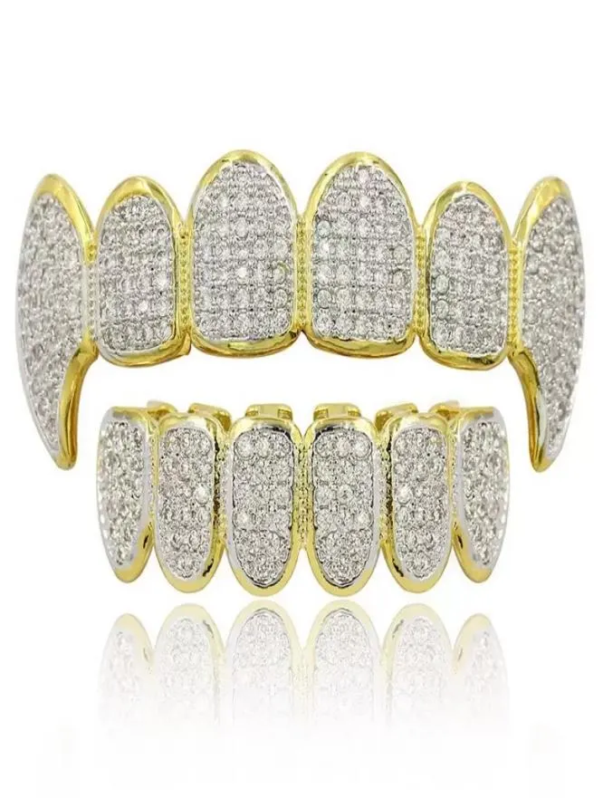 Top Quality 18K Oro Argento Colore Hip Hop Rapper Grillz Lusso Glaring Zircone Diamanti Denti Griglie superiori e inferiori per Uomo Donna4647410