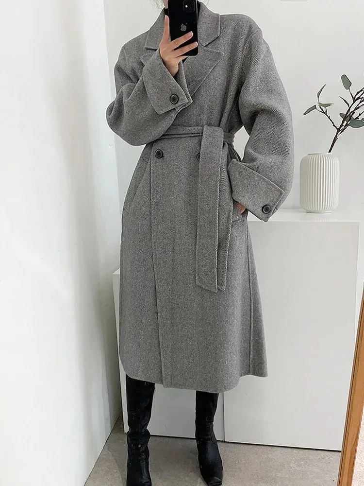 Rétro laine mélangée femmes Long manteau automne et hiver décontracté lâche mode Double poitrine col rabattu veste nouveau manteau pour femmes 240112