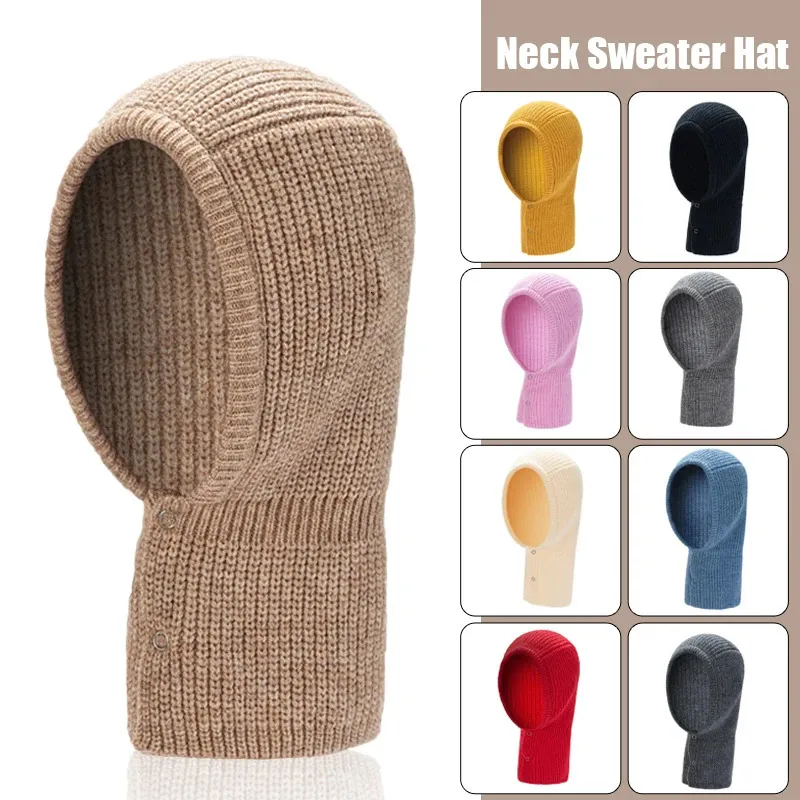 Autumn Winter Solid Color Button Wool Cap Män Kvinnor Stickad Neck Varm skydd Huven Vindtät snö Scarf 240111