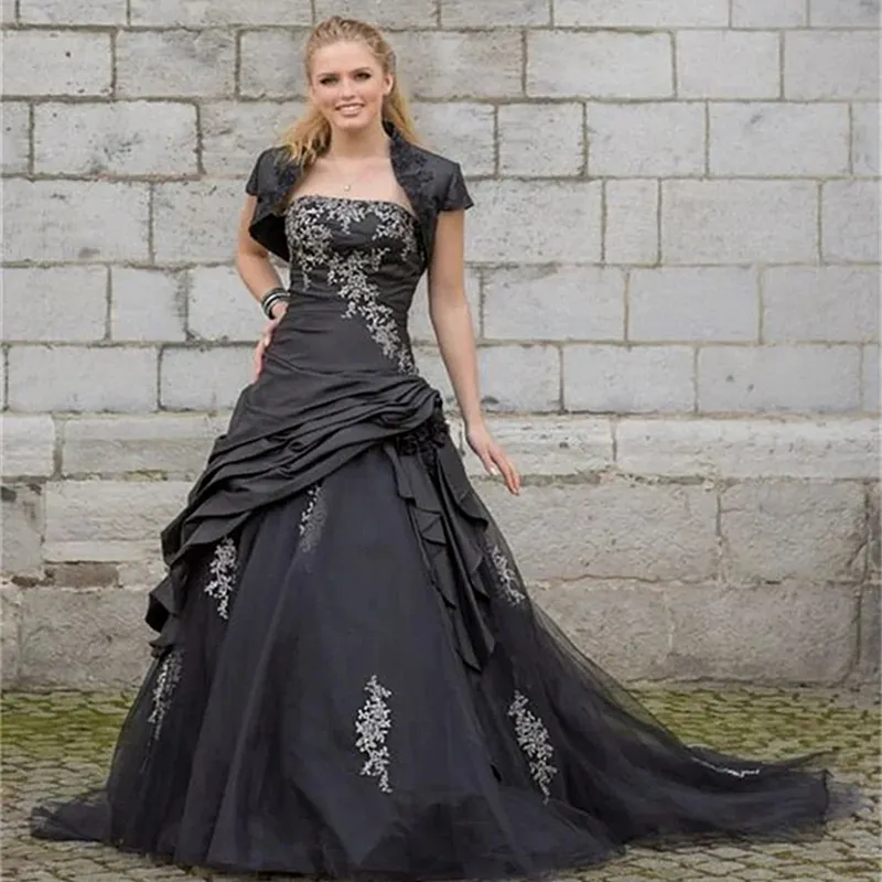 Gothic Schwarze A-Linie Brautkleider mit kurzer Jacke, gerüschtes Satin, lange Brautkleider, Spitzenapplikationen, drapierter Rücken, Schnürkorsett, Vintage-Brautkleid, Schloss-Vestido 2024