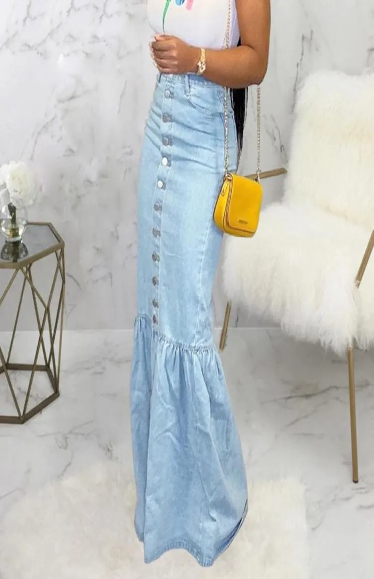 Vintage Dames Hoge Taille Jeansrok Plus Size Dames Knop Blauw Bodycon Zeemeermin Ruche Lange Maxi Denim Rokken Retro Zomer3610366