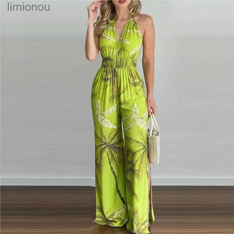 Kobiety Jumpsuits Rompers 2023 Summer Womens Bodysuits Digital Printing Kolny pasek koronkowy w górę szyi wiszący otwarty body moda seksowna kombinezon kobiet240111