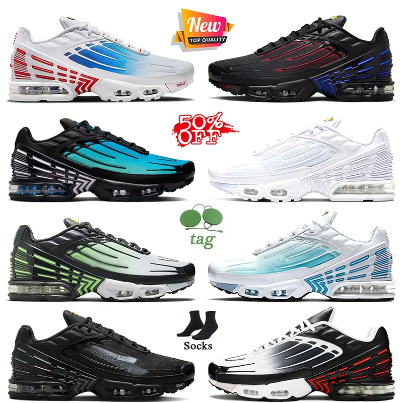 Vendita all'ingrosso di alta qualità Bianco Rosso Blu Tn plus 3 Scarpe da corsa Scarpe da ginnastica atletiche Tns Tnplus Mesh Triple Bianco Fantasma Verde Aqua Nero Ossidiana Big Size 13 Sneakers