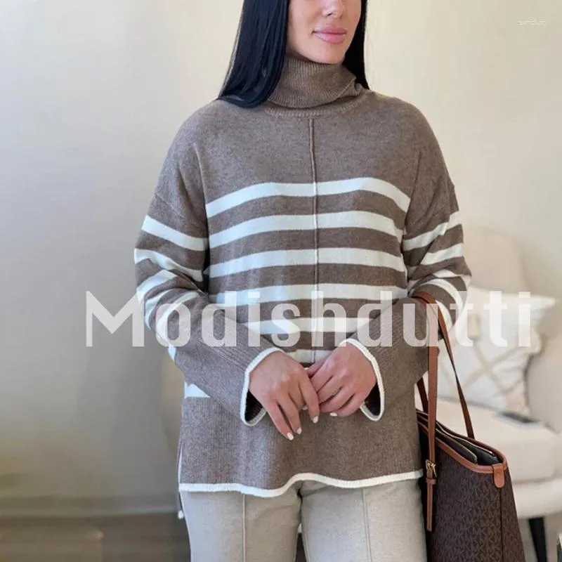 Kadın Sweaters Modishdutti 2024 Kış Kadın Moda Örme Çizgili Kadın Basit Basit Basit Baskılış Sıcak Üstler Bayanlar